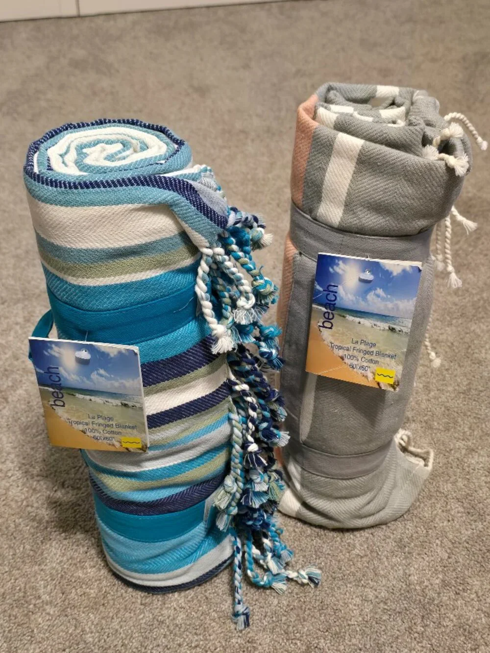 Boho Striped Fringed Cotton Throws 60x60 Pink Grey Sage Blue Set of 2 NWT